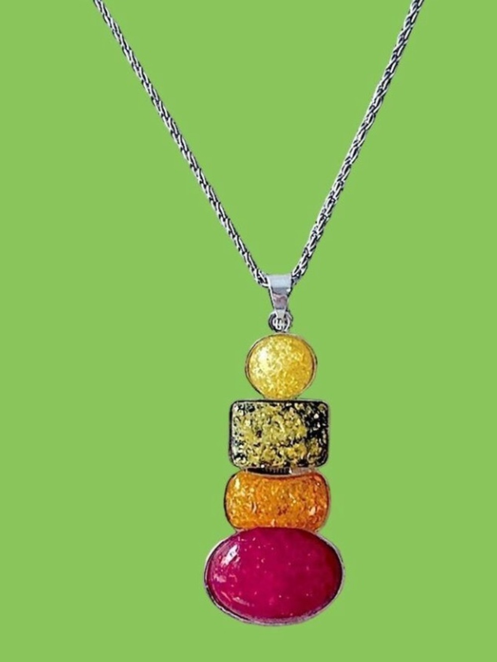 Sparkling Funky Multicolor Pendant Necklace Silver Rope Chain 18”